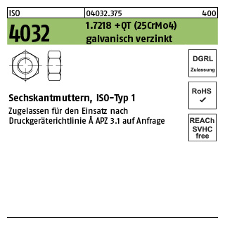 50 Stück, ISO 4032 1.7218 +QT (25CrMo4) galvanisch verzinkt Sechskantmuttern, ISO-Typ 1 - Abmessung: M 27