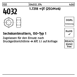 25 Stück, ISO 4032 1.7218 +QT (25CrMo4) Sechskantmuttern, ISO-Typ 1 - Abmessung: M 30