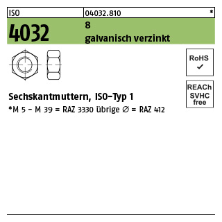 1 Stück, ISO 4032 8 galvanisch verzinkt Sechskantmuttern, ISO-Typ 1 - Abmessung: M 56