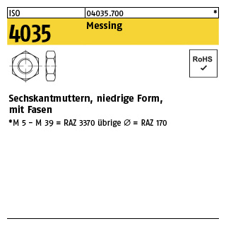 100 Stück, ISO 4035 Messing Niedrige Sechskantmuttern mit Fasen - Abmessung: M 2,5