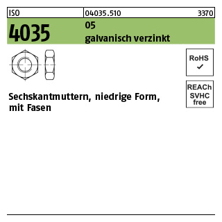 1000 Stück, ISO 4035 05 galvanisch verzinkt Niedrige Sechskantmuttern mit Fasen - Abmessung: M 4