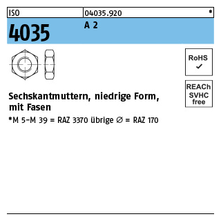 100 Stück, ISO 4035 A 2 Niedrige Sechskantmuttern mit Fasen - Abmessung: M 5