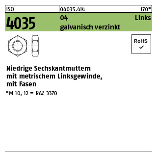 100 Stück, ISO 4035 04 Links galvanisch verzinkt Niedrige Sechskantmuttern mit Fasen und metrischem Linksgewinde - Abmessung: M 12