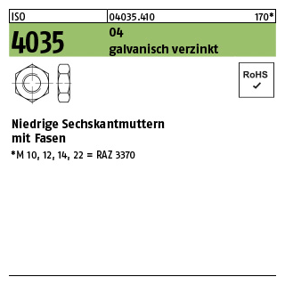25 Stück, ISO 4035 04 galvanisch verzinkt Niedrige Sechskantmuttern mit Fasen - Abmessung: M 30