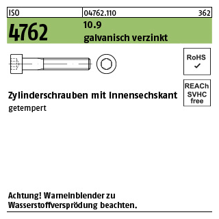 500 Stück, ISO 4762 10.9 galvanisch verzinkt Zylinderschrauben mit Innensechskant - Abmessung: M 3 x 10