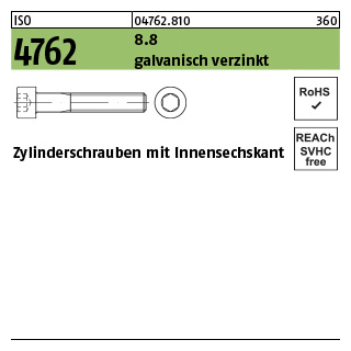 500 Stück, ISO 4762 8.8 galvanisch verzinkt Zylinderschrauben mit Innensechskant - Abmessung: M 4 x 4