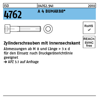 200 Stück, ISO 4762 A 4 BUMAX88 Zylinderschrauben mit Innensechskant - Abmessung: M 4 x 8