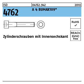 100 Stück, ISO 4762 A 4 BUMAX109 Zylinderschrauben mit Innensechskant - Abmessung: M 6 x 30
