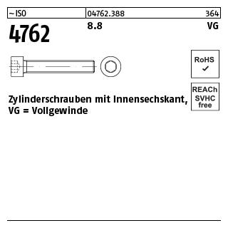 200 Stück, ~ISO 4762 8.8 VG Zylinderschrauben mit Innensechskant, mit Vollgewinde - Abmessung: M 6 x 90