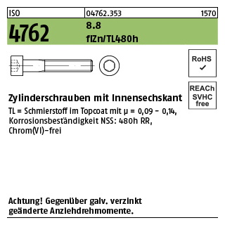 100 Stück, ISO 4762 8.8 flZn/TL 480h (zinklamellenbesch.) Zylinderschrauben mit Innensechskant - Abmessung: M 10 x 35