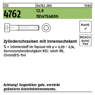 ISO 4762 12.9 flZn/TL 480h (zinklamellenbesch.) Zylinderschrauben mit Innensechskant - Abmessung: M 24 x 160, VE mit 10 Stück