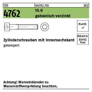 Zylinderschrauben mit Innensechskant - DIN 912/ISO 4762 - Stahl 10.9 galvanisch verzinkt - M30x60 - 10 Stück