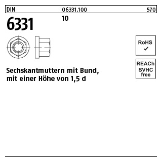 100 Stück, DIN 6331 10 Sechskantmuttern mit Bund, mit einer Höhe von 1,5d - Abmessung: M 6 SW 10