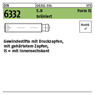 10 Stück, DIN 6332 5.8 Form IS brüniert Gewindestifte mit Druckzapfen, mit gehärtetem Zapfen, mit Innensechskant - Abmessung: IS M 8 x 40