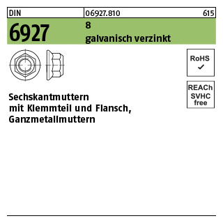 100 Stück, DIN 6927 8 galvanisch verzinkt Sechskantmuttern mit Klemmteil und Flansch (Ganzmetallmuttern) - Abmessung: M 5