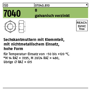 100 Stück, ISO 7040 8 galvanisch verzinkt Sechskantmuttern mit Klemmteil, mit nichtmetallischem Einsatz, hohe Form - Abmessung: M 6