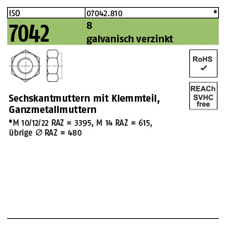 100 Stück, ISO 7042 8 galvanisch verzinkt Sechskantmuttern mit Klemmteil, Ganzmetallmuttern - Abmessung: M 4