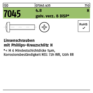 2000 Stück, ISO 7045 4.8 H galv. verz. 8 DiSP Linsenschrauben mit Phillips-Kreuzschlitz H - Abmessung: M 4 x 10-H