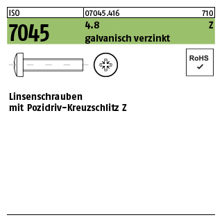 500 Stück, ISO 7045 4.8 Z galvanisch verzinkt Linsenschrauben mit Pozidriv-Kreuzschlitz Z - Abmessung: M 4 x 60 -Z