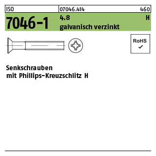 200 Stück, ISO 7046-1 4.8 H galvanisch verzinkt Senkschrauben mit Phillips-Kreuzschlitz H - Abmessung: M 2 x 8 -H