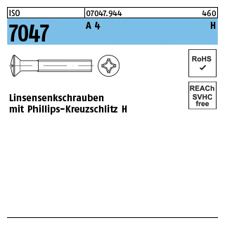 1000 Stück, ISO 7047 A 4 H Linsensenkschrauben mit Phillips-Kreuzschlitz H - Abmessung: M 2,5 x 8 -H