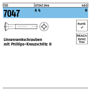 500 Stück, ISO 7047 A 4 H Linsensenkschrauben mit Phillips-Kreuzschlitz H - Abmessung: M 5 x 25 -H