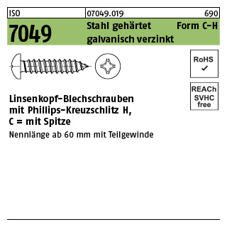 100 Stück, ISO 7049 Stahl, geh. Form C-H galvanisch verzinkt Linsenkopf-Blechschrauben mit Spitze, mit Phillips-Kreuzschlitz H - Abmessung: C2,2 x 6,5-H