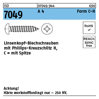 1000 Stück, ISO 7049 A 4 Form C-H Linsenkopf-Blechschrauben mit Spitze, mit Phillips-Kreuzschlitz H - Abmessung: C 2,9 x 9,5-H