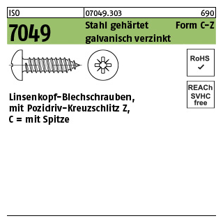 1000 Stück, ISO 7049 Stahl, geh. Form C-Z galvanisch verzinkt Linsenkopf-Blechschrauben mit Spitze, mit Pozidriv-Kreuzschlitz Z - Abmessung: 2,9x 22 -C-Z