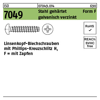 1000 Stück, ISO 7049 Stahl, geh. Form F galvanisch verzinkt Linsenkopf-Blechschrauben mit Zapfen, mit Phillips-Kreuzschlitz H - Abmessung: F 3,5 x 6,5-H