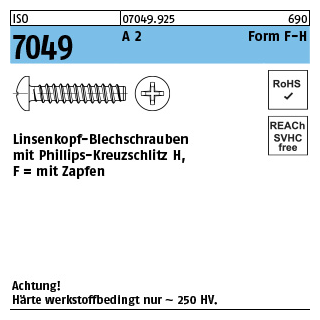 1000 Stück, ISO 7049 A 2 Form F-H Linsenkopf-Blechschrauben mit Zapfen, mit Phillips-Kreuzschlitz H - Abmessung: 3,9 x 9,5 -F-H