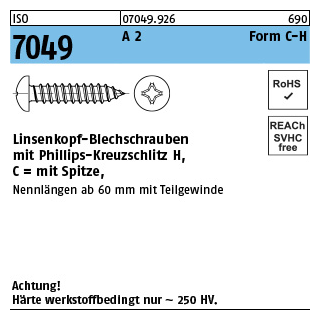 250 Stück, ISO 7049 A 2 Form C-H Linsenkopf-Blechschrauben mit Spitze, mit Phillips-Kreuzschlitz H - Abmessung: C 6,3 x 50 -H