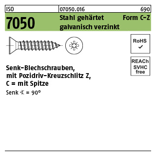 2000 Stück, ISO 7050 Stahl, geh. Form C-Z galvanisch verzinkt Senk-Blechschrauben mit Spitze, mit Pozidriv-Kreuzschlitz Z - Abmessung: 2,2x 6,5 -C-Z