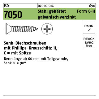 500 Stück, ISO 7050 Stahl, geh. Form C-H galvanisch verzinkt Senk-Blechschrauben mit Spitze, mit Phillips-Kreuzschlitz H - Abmessung: 4,2 x 19 -C-H