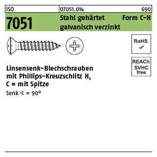 2000 Stück, ISO 7051 Stahl, geh. Form C-H galvanisch verzinkt Linsensenk-Blechschrauben mit Spitze, mit Phillips-Kreuzschlitz H - Abmessung: 2,9x 6,5 -C-H