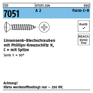 1000 Stück, ISO 7051 A 2 Form C-H Linsensenk-Blechschrauben mit Spitze, mit Phillips-Kreuzschlitz H - Abmessung: 2,9 x 13 -C-H