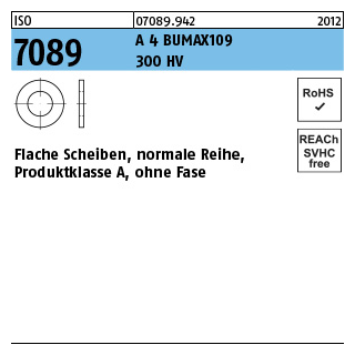 200 Stück, ISO 7089 A 4 BUMAX109 300 HV Flache Scheiben, normale Reihe, Produktklasse A, ohne Fase - Abmessung: 6