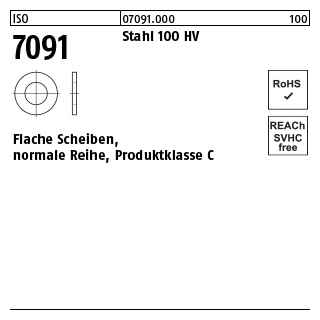 100 Stück, ISO 7091 Stahl 100 HV Flache Scheiben, normale Reihe, Produktklasse C - Abmessung: 6