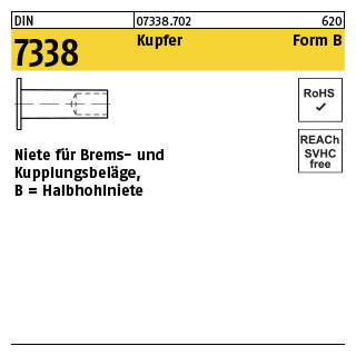 100 Stück, DIN 7338 Kupfer Form B Niete für Brems- und Kupplungsbeläge, Halbhohlniete - Abmessung: B 3 x 8