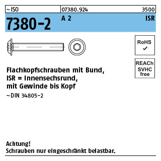 200 Stück, ~ISO 7380-2 A 2 ISR Flachkopfschrauben mit Innensechsrund und Bund - Abmessung: M 6 x 55 -T30