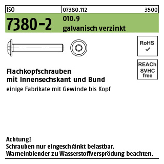200 Stück, ISO 7380-2 010.9 galvanisch verzinkt Flachkopfschrauben mit Innensechskant und Bund - Abmessung: M 8 x 30
