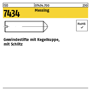 100 Stück, ISO 7434 Messing Gewindestifte mit Kegelkuppe, mit Schlitz - Abmessung: M 3 x 6