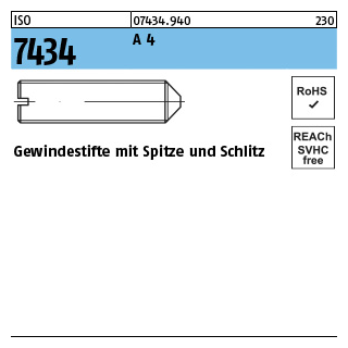 50 Stück, ISO 7434 A 4 Gewindestifte mit Spitze und Schlitz - Abmessung: M 5 x 6