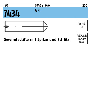 25 Stück, ISO 7434 A 4 Gewindestifte mit Spitze und Schlitz - Abmessung: M 8 x 25