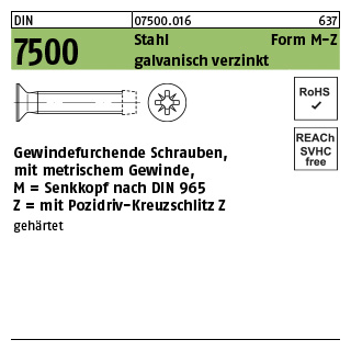 250 Stück, DIN 7500 Stahl Form M-Z galvanisch verzinkt Gewindefurchende Schrauben, KS -Z metr. Gewinde, Senkkopf nach DIN 965 - Abmessung: MM 8 x 30 -Z