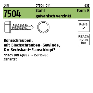 1000 Stück, DIN 7504 Stahl Form K galvanisch verzinkt Bohrschrauben, mit Blechschrauben-Gew., mit Sechskant-Flanschkopf - Abmessung: K 3,5 x 9,5