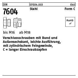 25 Stück, DIN 7604 Stahl Form C verschlussschrauben mit Bund und Ask., leichte Ausführung, mit zyl. Fein-Gew. - Abmessung: CM 22 x 1,5