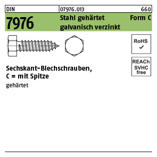 2000 Stück, DIN 7976 Stahl, geh. Form C galvanisch verzinkt Sechskant-Blechschrauben, mit Spitze - Abmessung: C 2,9 x 6,5