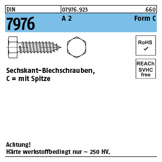 500 Stück, DIN 7976 A 2 Form C Sechskant-Blechschrauben, mit Spitze - Abmessung: C 3,9 x 22
