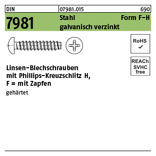 2000 Stück, DIN 7981 Stahl Form F galvanisch verzinkt Linsen-Blechschrauben mit Zapfen mit Phillips-Kreuzschlitz H - Abmessung: F 2,2 x 6,5-H